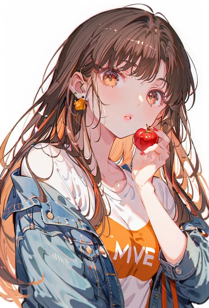 Girl, long brown hair, brown eyes, sharp features, white skin, pink lips, perfect, t-shirt, denim jacket