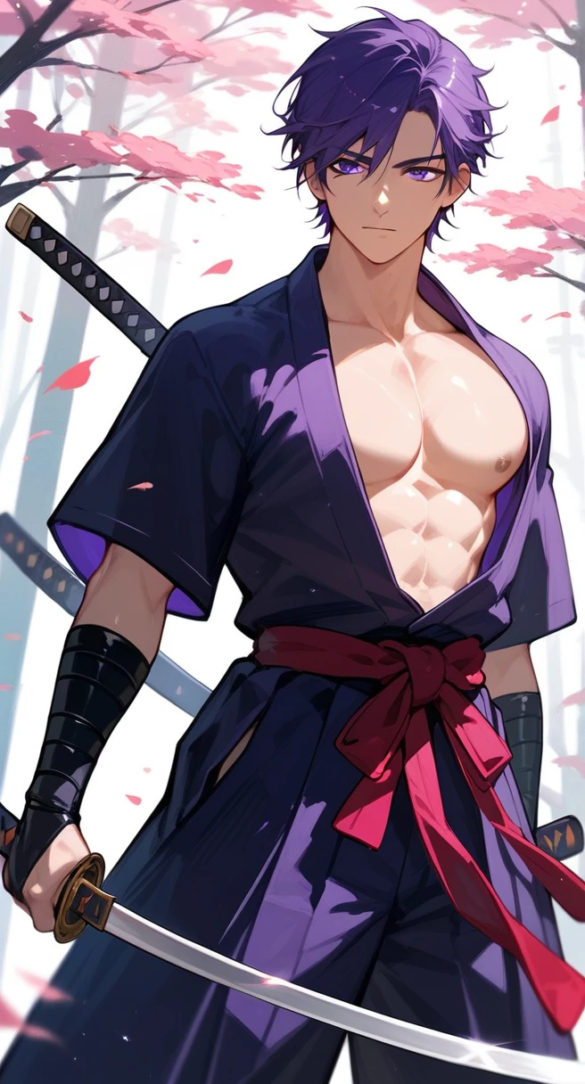 anime character with purple hair and hakama, anime handsome man, male anime character, 1boy, solo, katana