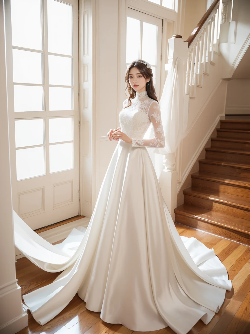 (8K,tmasterpiece,RAW photos,best qualtiy,the detail:1.2),Korean female model,Height 175 cm,perfect bodies,Long legs,wavy and long hair,Standing on wooden stairs in wedding dress, emaciated wedding dress, sexy gown, long wedding dress, full - length view, fantasy long intricate gown, white turtleneck lace dress, an elegant woman in white wedding dress, full lenght shot, sophisticated dress,((Pantyhose)),Ray tracing,Full body portrait