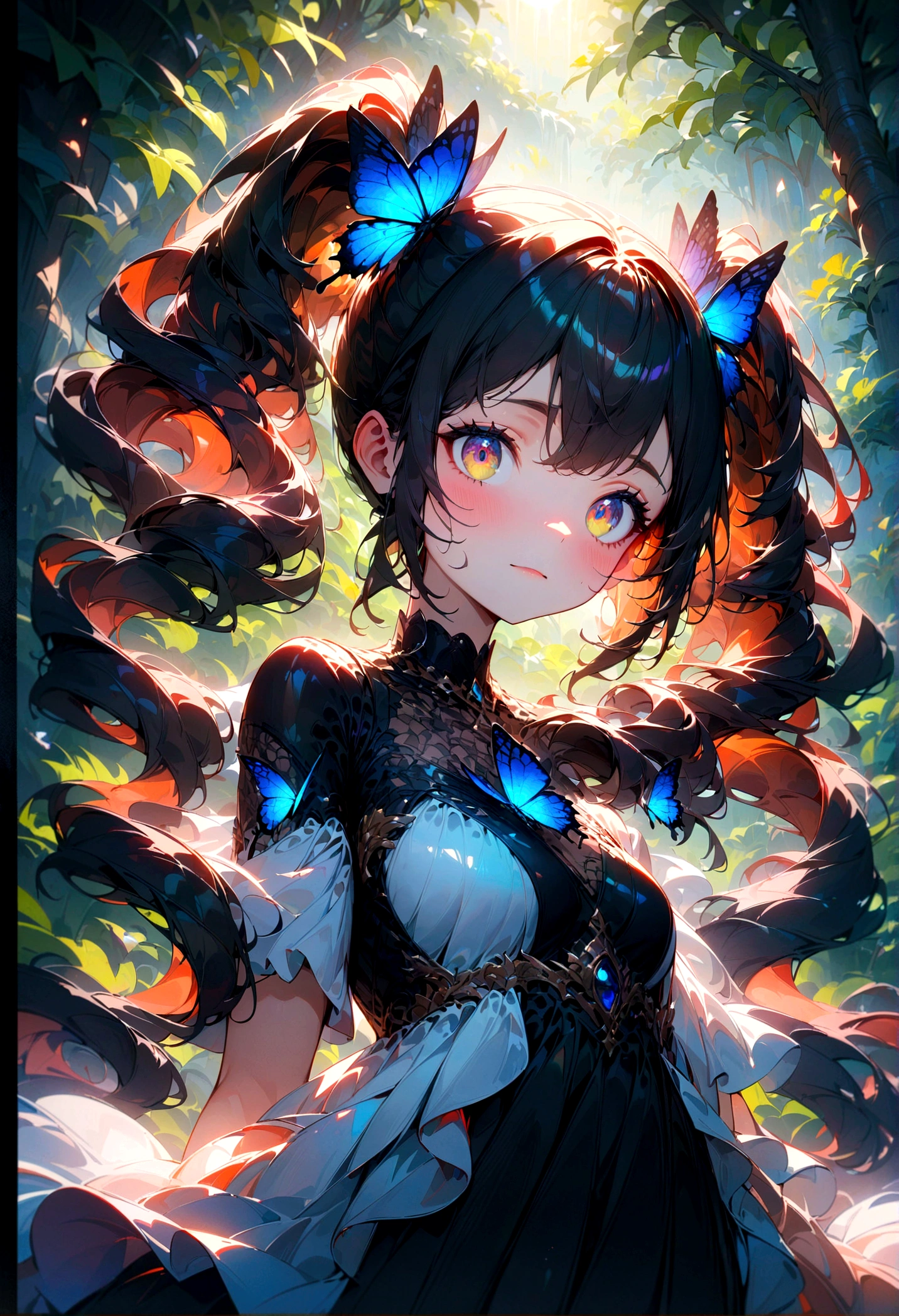 1girl, Twin Tails, A beautiful young girl with twin tails hairstyle, extremely detailed eyes and face, longeyes, flowing hair, intricate dress, delicate features, serene expression, standing in a lush garden, sunlight filtering through the trees, vibrant colors, warm lighting, (4k,8k,highres:1.2), ultra-detailed, portrait, fantasy, masterpiece, best quality, very aesthetic, absurdres