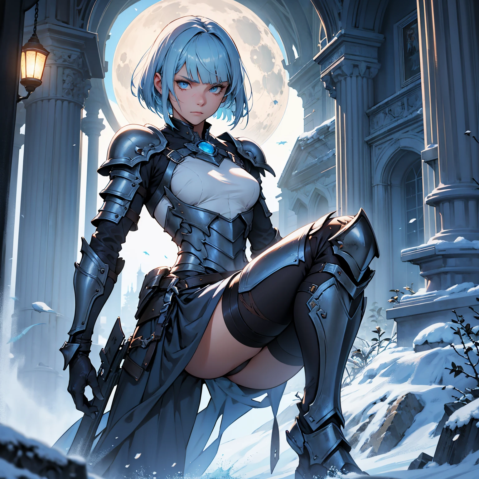 1girl!!!, very long bob cut with bangs, light blue hair, very small breasts, small size, blue eyes, fair skin, lots of scars on body, no scars on the face, serious face, Small battle armor, full body, night, moon, snowy ruin, very sexy body, detailed face, highly detailed, 8k, best quality, masterpiece, vibrant colors, digital art, concept art