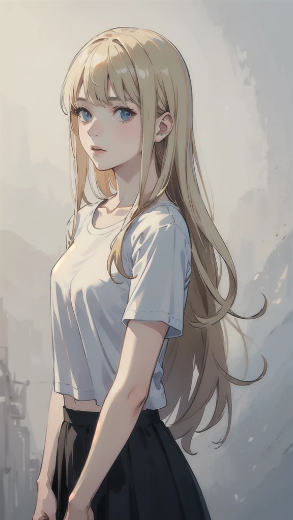 ((best quality)), ((masterpiece)), (detailed), one girl with long blond hair, standing neutral, portrait picture, whole body in image, white t-shirt, black skirt