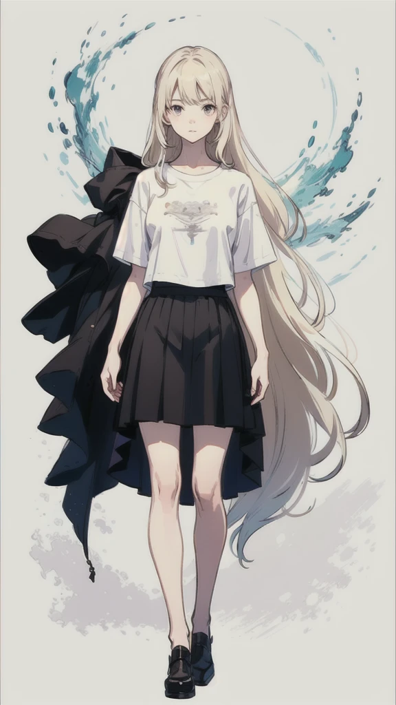 ((best quality)), ((masterpiece)), (detailed), one girl with long blond hair, standing neutral, portrait picture, whole body in image, white t-shirt, black skirt