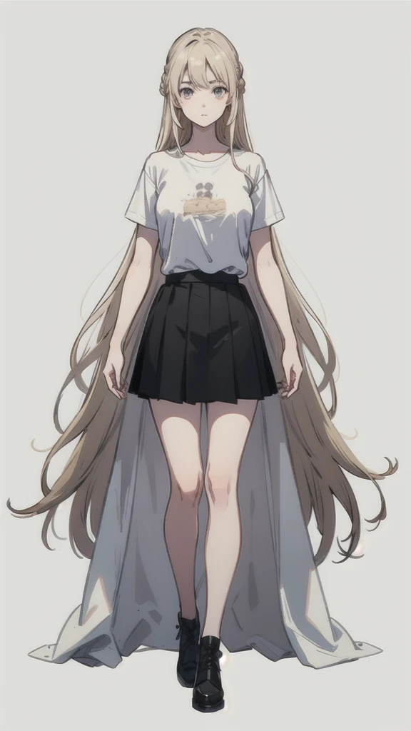 ((best quality)), ((masterpiece)), (detailed), one girl with long blond hair, standing neutral, portrait picture, whole body in image, white t-shirt, black skirt