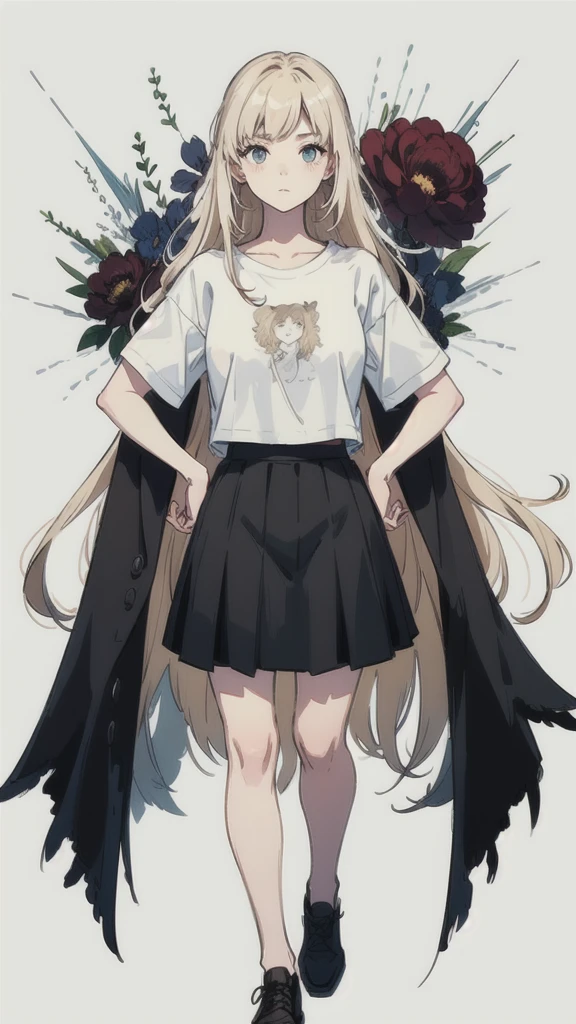 ((best quality)), ((masterpiece)), (detailed), one girl with long blond hair, standing neutral, portrait picture, whole body in image, white t-shirt, black skirt