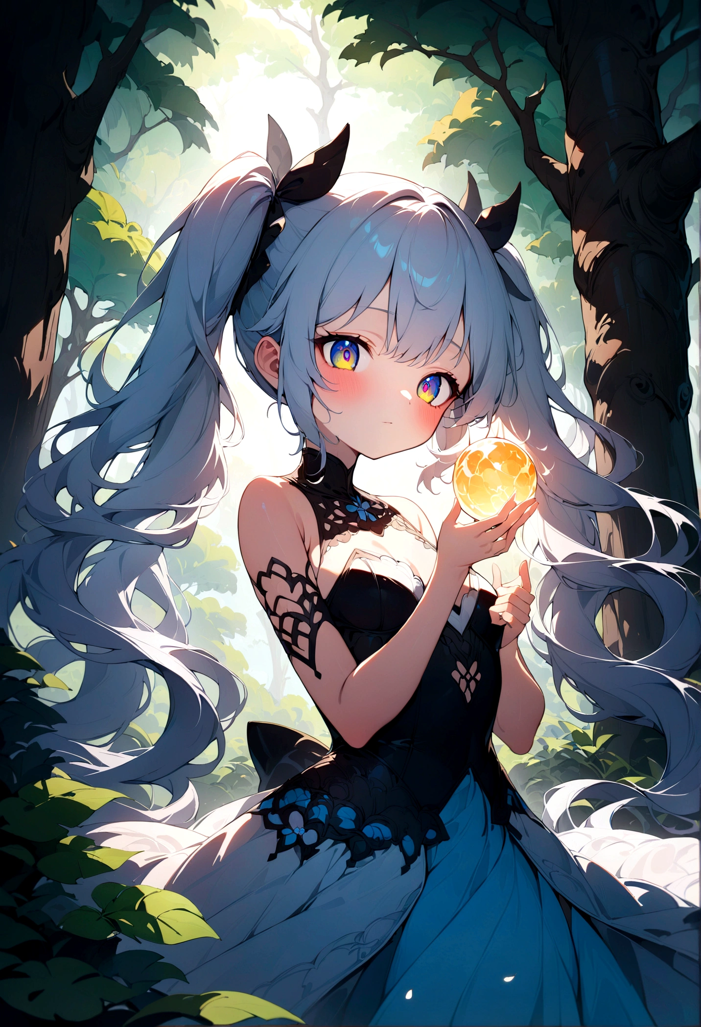 1girl, Twin Tails, A beautiful young girl with twin tails hairstyle, extremely detailed eyes and face, longeyes, flowing hair, intricate dress, delicate features, serene expression, standing in a lush garden, sunlight filtering through the trees, vibrant colors, warm lighting, (4k,8k,highres:1.2), ultra-detailed, portrait, fantasy, masterpiece, best quality, very aesthetic, absurdres
