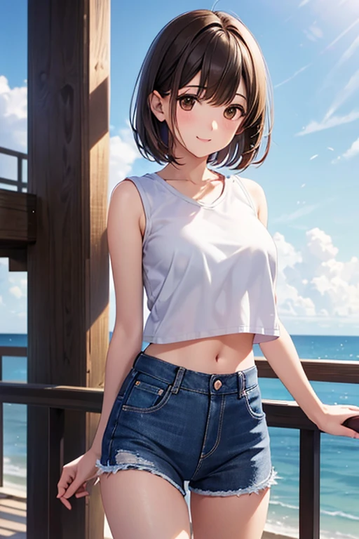 
anegasaki nene、Shiny brown hair, short hair, Beautiful brown eyes、smile、Sparkling eyes, (Fine grain)、超detailedな目、非常にdetailedな顔, 非常にdetailedな目,


(high quality, High resolution, Fine details),  masterpiece, 最high quality, 8K壁紙,

, One girl,alone,,Are standing,Outdoor,null,,Shorts,Day,abdomen,pants,cloud,lips,Crop top,Look to the side,Ocean,cloudy null,denim,jeans,Realistic,fence,handrail,, Soft lighting, Professional photography, PhotoRealistic, detailed, born, analog, Sharp focus, 8K, High resolution, high quality, masterpiece