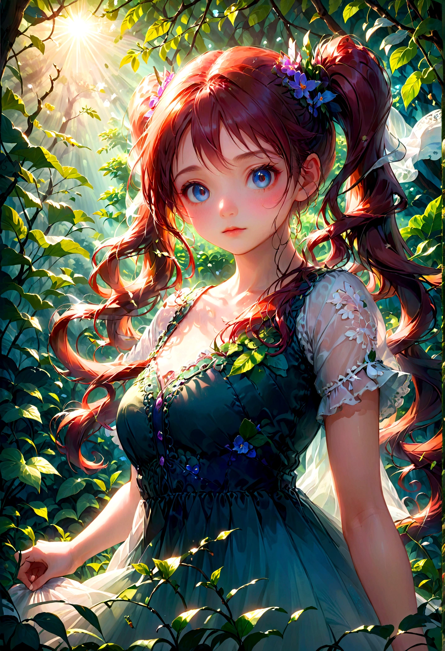 1girl, Twin Tails, A beautiful young girl with twin tails hairstyle, extremely detailed eyes and face, longeyes, flowing hair, intricate dress, delicate features, serene expression, standing in a lush garden, sunlight filtering through the trees, vibrant colors, warm lighting, (4k,8k,highres:1.2), ultra-detailed, portrait, fantasy, masterpiece, best quality, very aesthetic, absurdres