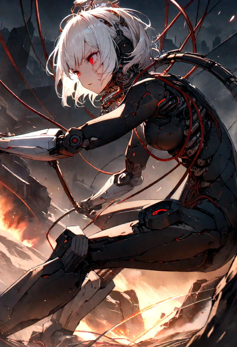 Nude girls((((masterpiece))), ((best quality))), ((ultra-detailed)), (CG illustration), ((an extremely delicate and beautiful)),(from side),cinematic light, ((1 mechanical girl)), single, full-body, (machine-made joint: 1.2), ( (mechanical limbs)), (blood vessels connected to tubes), (mechanical spine connected to back), ((mechanical cervical vertebrae attached to neck)), (sitting), forced laughter, (wires and cables around the neck: 1.2), (wires and cables on the head: 1.2) (character focus), sci-fi, extremely thin, colored, the finest white hair, red eyes, in battle, (knotted), (killing), (1 immortal)