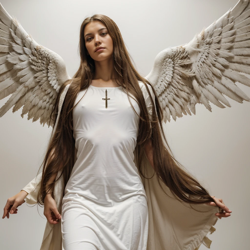 A biblical archangel, of the Christian religion, as christianity dictates, in front position, on a white background looking towards me spreading its 4 wings, erect and facing me, with clothes similar to those of Jesus Christ, with clothing similar to those worn in the era of Jesus and the angel is seen in the art style of Leonardo da Vinci