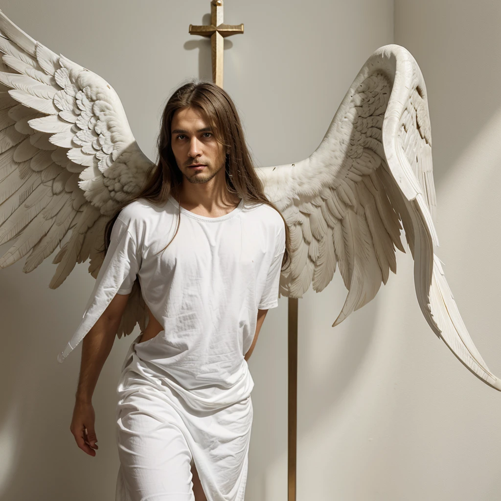 A biblical archangel, of the Christian religion, as christianity dictates, in front position, on a white background looking towards me spreading its 4 wings, erect and facing me, with clothes similar to those of Jesus Christ, with clothing similar to those worn in the era of Jesus and the angel is seen in the art style of Leonardo da Vinci