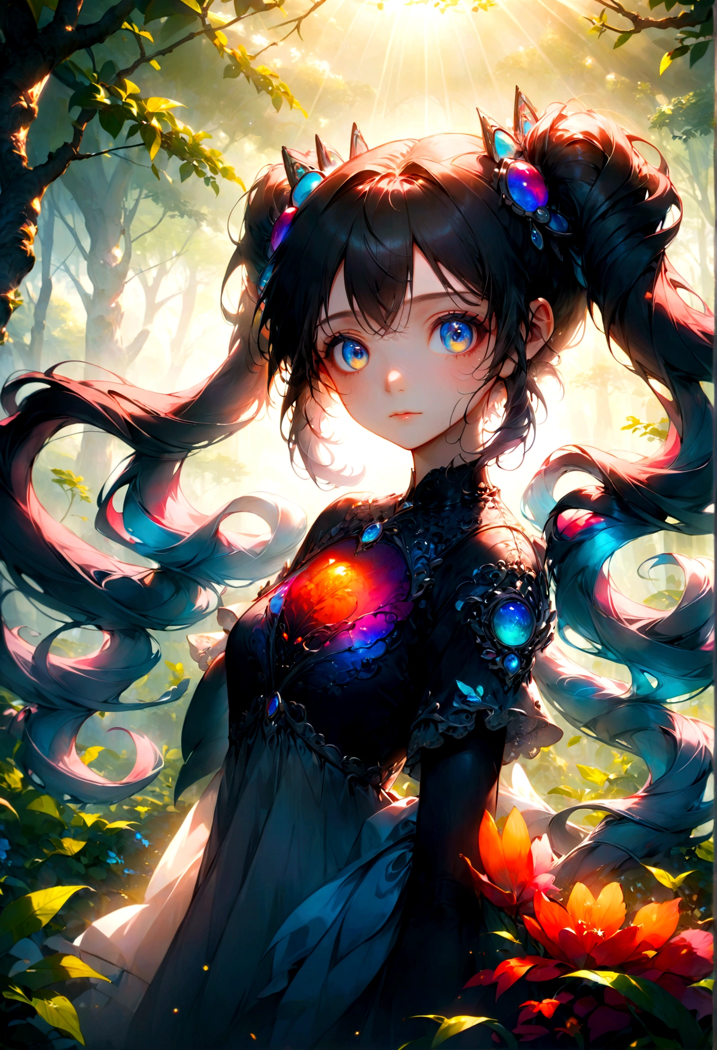 1girl, Twin Tails, A beautiful young girl with twin tails hairstyle, extremely detailed eyes and face, longeyes, flowing hair, intricate dress, delicate features, serene expression, standing in a lush garden, sunlight filtering through the trees, vibrant colors, warm lighting, (4k,8k,highres:1.2), ultra-detailed, portrait, fantasy, masterpiece, best quality, very aesthetic, absurdres
