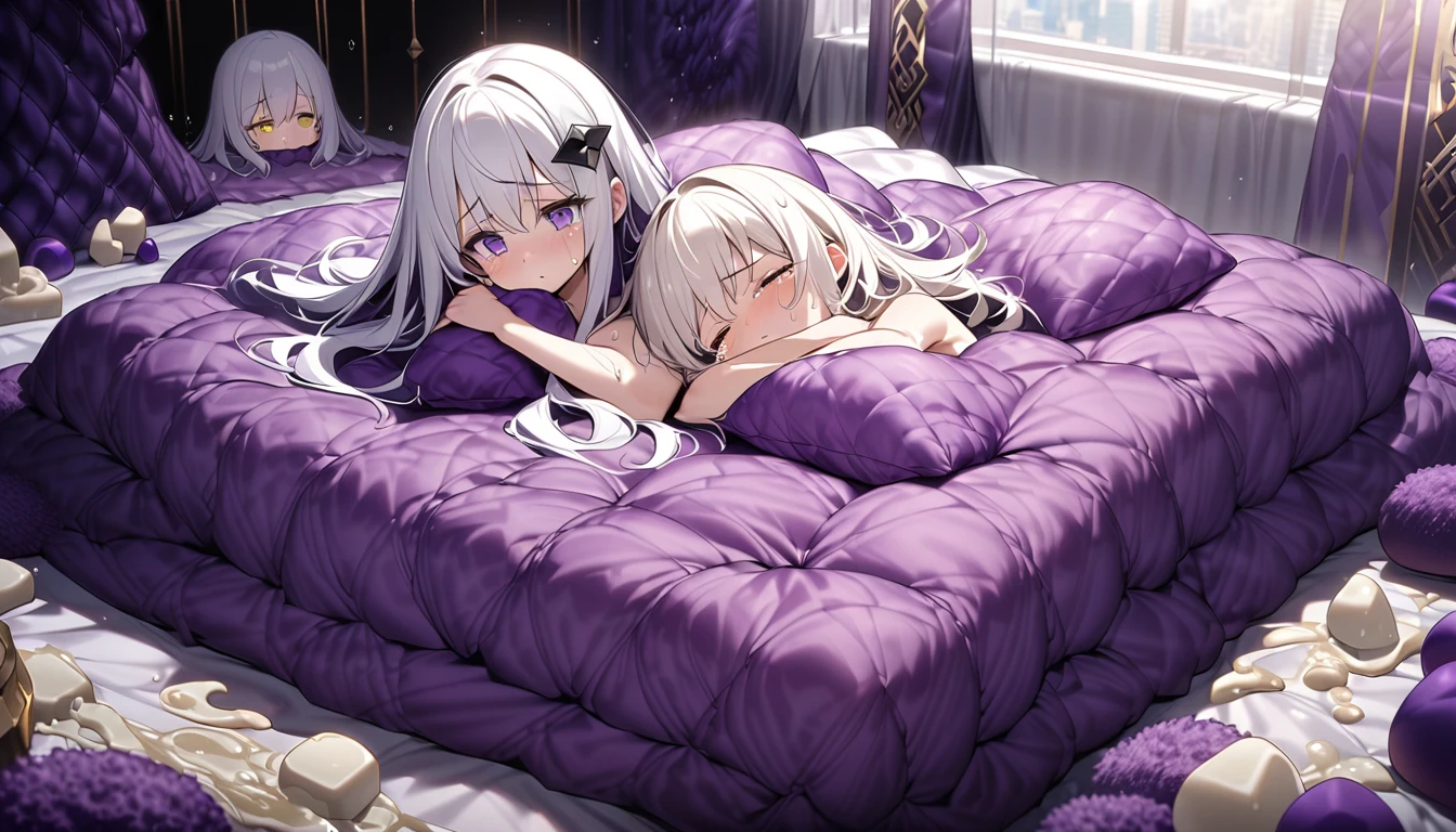 White Hair, Melancholy eyes, Yellow pupil, Black diamond-shaped hairpin,tears。Huge purple fluffy silk duvet. Huge luxurious bed。 White chocolate sauce splattered generously。naked。Sweaty。whole body。Sleeping on a feather duvet。Lots of giant purple soft silk pillows。Two Girls、Lots of giant purple silk pillows