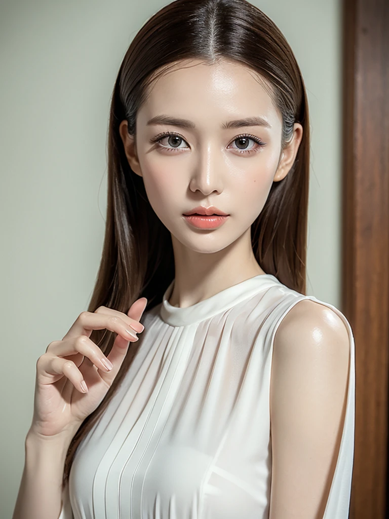 elegant woman in white blouse, beautiful detailed eyes, beautiful detailed lips, extremely detailed eyes and face, long eyelashes, slender body, thin face, delicate features, flawless porcelain skin, glistening sweat, ultra-thin hands, ultra-fine fingers, best ratio four finger and one thumb, realistic, see-through white blouse, amuse your sister just,office, one-person viewpoint, Fuji Film, F/1.2, 8K, masterpiece, nffsw, super detail, high quality, best quality, high resolution, glasses