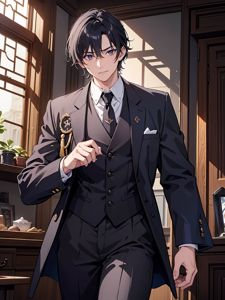 一人のmale, Belly-up portrait, Black hair with a few gray hairs, Old man in clothes, {{{{{Illustration of one male}}}}}, Please open your eyes a little, male性の手,maleの顔,male性眉毛, male性の目, Sharp Nose ,Long Nose,{{{{{humale}}}}},good looking guy,good looking,Dandy,male, Very short dark navy hair, Shiny hair with wax, Black butler uniform, Iris, walking , It is intricately decorated, A kind smile, Inside the room, Reminiscent of a novel cover, Dramatic lighting, Emphasize the contrast between light and shadow, (Official Art, Highest quality、unity 8k wallpaper、32k、masterpiece、Very detailed, grab your hair with your hands, Cinema Lighting, Isekai Tensei, anime,Beautiful light shining through the window,