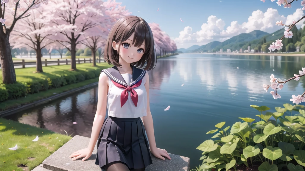 (masterpiece),  Outdoor,  cherry blossoms,  petal,  sunlight,  lake,  One Girl,  blush,  smile,  Medium Hair,  Sailor suit,　Long skirt, Overgrown, petal, plant、Skirt lining、White slip、nostalgic、pantyhose（gray）、You can see the sea in the distance, Crotch close-up