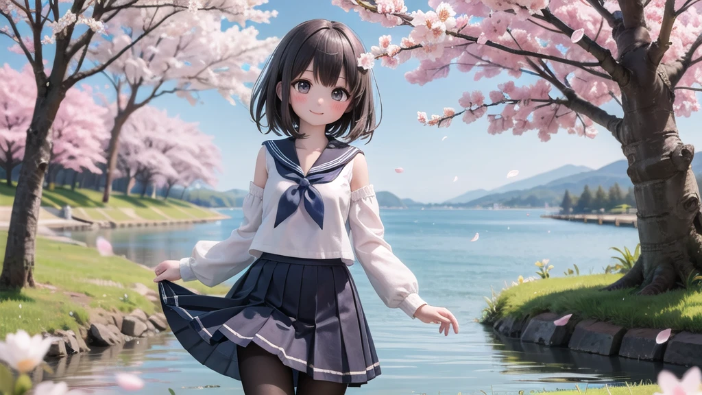 (masterpiece),  Outdoor,  cherry blossoms,  petal,  sunlight,  lake,  One Girl,  blush,  smile,  Medium Hair,  Sailor suit,　Long skirt, Overgrown, petal, plant、Skirt lining、White slip、nostalgic、pantyhose（gray）、You can see the sea in the distance, Crotch close-up