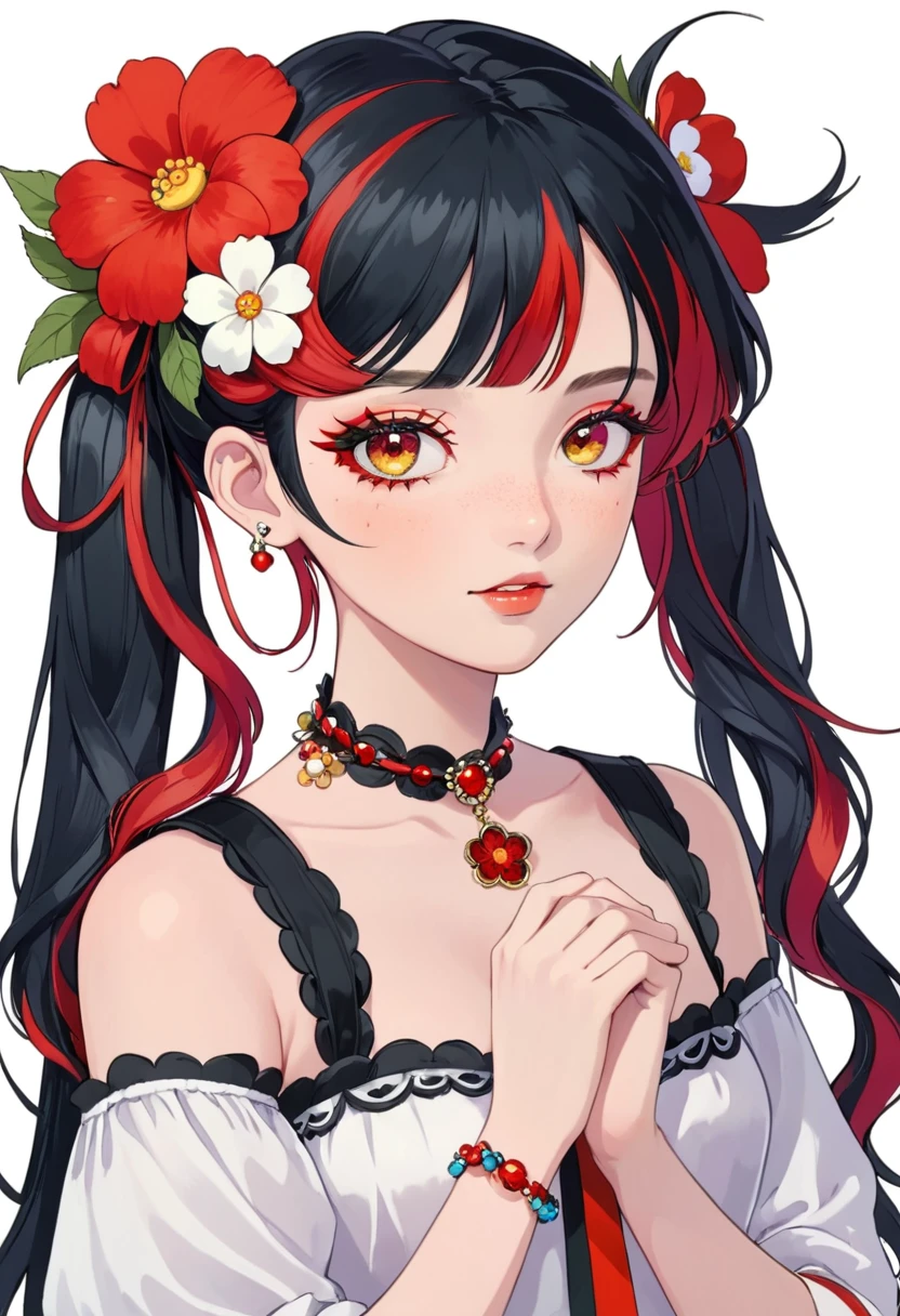 1girl,black hair,flower,hair flower,hair ornament,jewelry,multicolored hair,red hair,solo,twintails,white flower