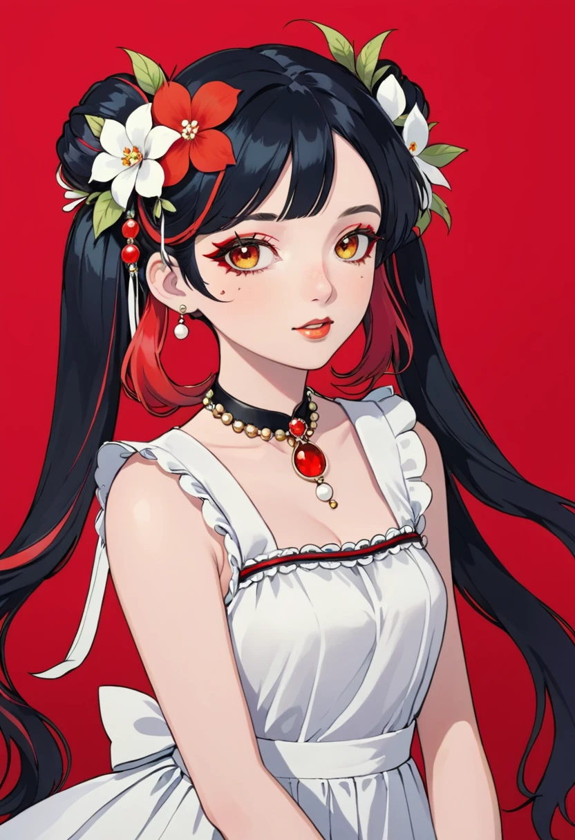 1girl,black hair,flower,hair flower,hair ornament,jewelry,multicolored hair,red hair,solo,twintails,white flower
