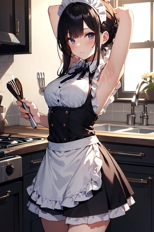 A maid, (in kitchen), various hair styles, night, details face, short skirt, seducing, sleeveless, maid uniform, armpits,
