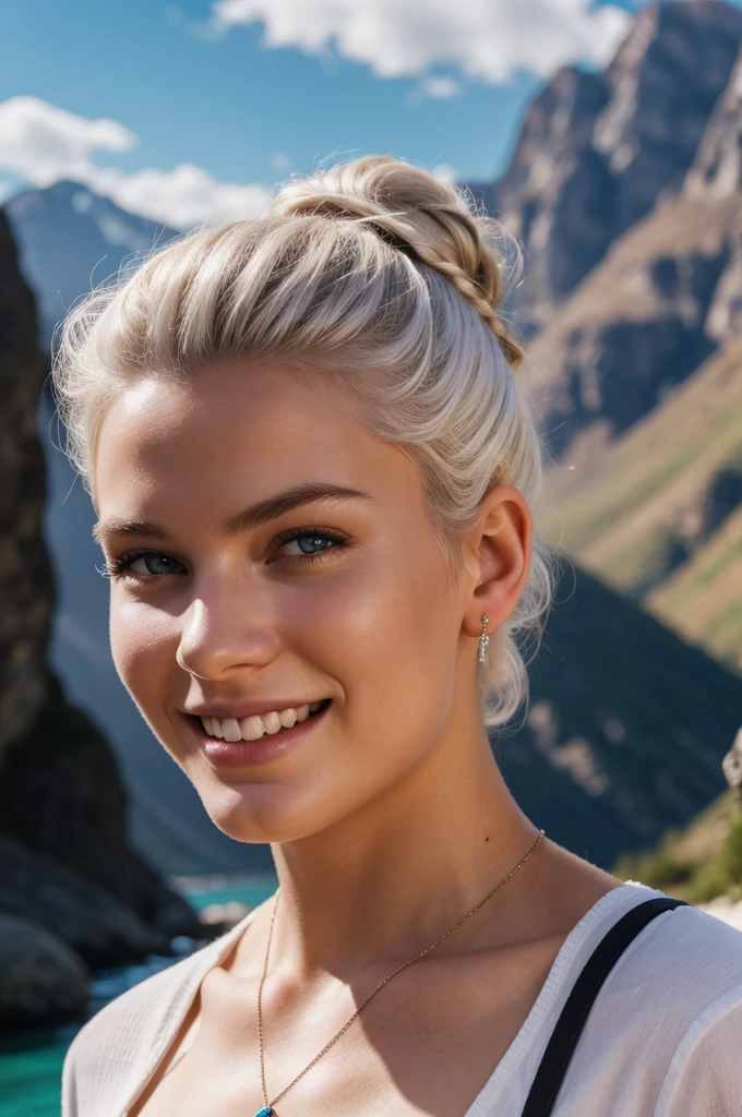 gorgeous, beautiful, 21 years old scandinavian, white hair in a bun, best portrait photo ever, men magazine portrait, beautiful smile, perfect teeth, seductive, flirty, face photo, stunning mountain view backgound, a turquoise river runs between the mountains, smiling, detailed skin, realistic, photo-realistic, 8k sharp focus, highly detailed, full length frame, High detail RAW color art, piercing, diffused soft lighting, shallow depth of field, sharp focus, hyperrealism, cinematic lighting