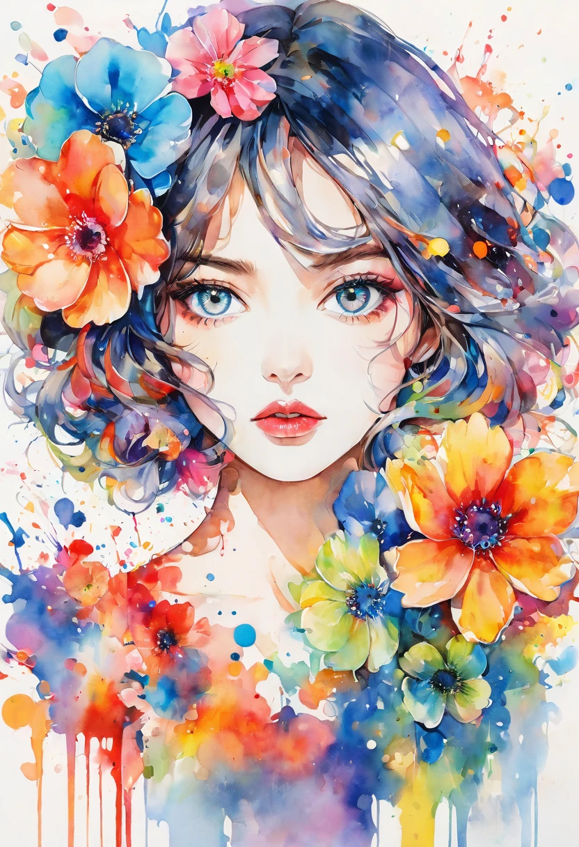 beautiful woman portrait, Sylvia Pelissero watercolors, colorful flowers、beautiful eyes、 abstract art, intense watercolor, watercolor detailed art, watercolor splash, surreal, avant-garde pop art, Beautiful and expressive paintings, Beautiful artwork illustration, very colorful tones, wonderful, cool beauty, highest quality,official art, women only, sharp outline, best shot, vector art, lips in love、 (((The strongest beautiful women of all time))), (((Japanese)))、clear, (((highest quality))), lips in love, HDR, ((Detailed details)), stylish fashion, detailed clothing texture, (((graffiti art))), colorful hair, ((masterpiece))、((Super detailed))