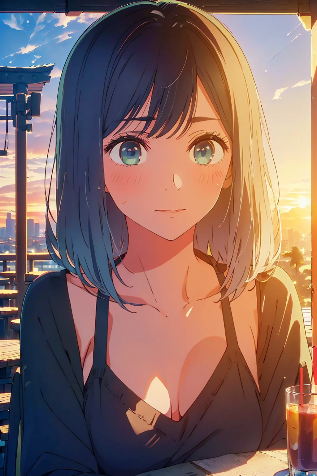 (Highest quality:1.4、masterpiece:1.4、Very detailed:1.4、8K:1.4)、F cup bust、Big Breasts、The body is slim、((((1 person、Surprised expression、sit、In the background you can see the urban buildings of Tokyo.、Looking into the camera、Outdoor cafe terrace、Sunset Beach、Navy hair color、Leaning against a wall、juice、table、sunset、Very cute face))))、((nude、Areola、bikini size too small))、cloudless sky、Big eyes、((((Shallow depth of field))))