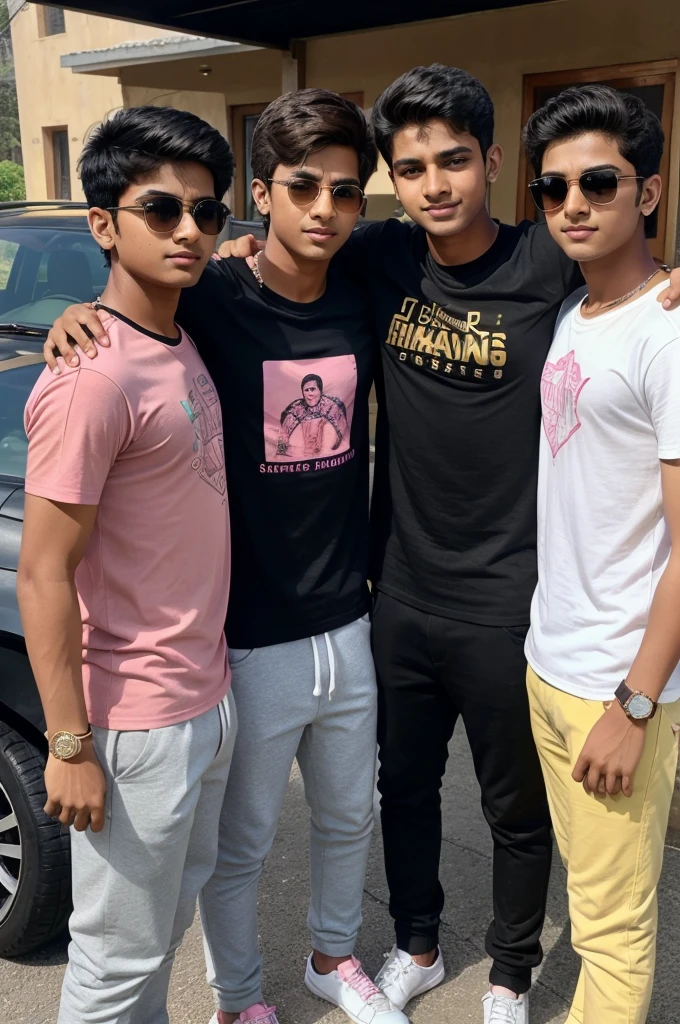 Three real 18yearold boy friends are standing leaning against a golden super luxury car, and all three are wearing different pink,white, black shirts and black pants, and all three have different names on their t-shirts.It is written” vedansh, arnav, ayush and the middle boy’s hand is on the shoulders of both of them and all three have a watch, sunglasses, he is very handsome, headphone, smiling, strong boys,a beautiful person in the background There is a house and real image.