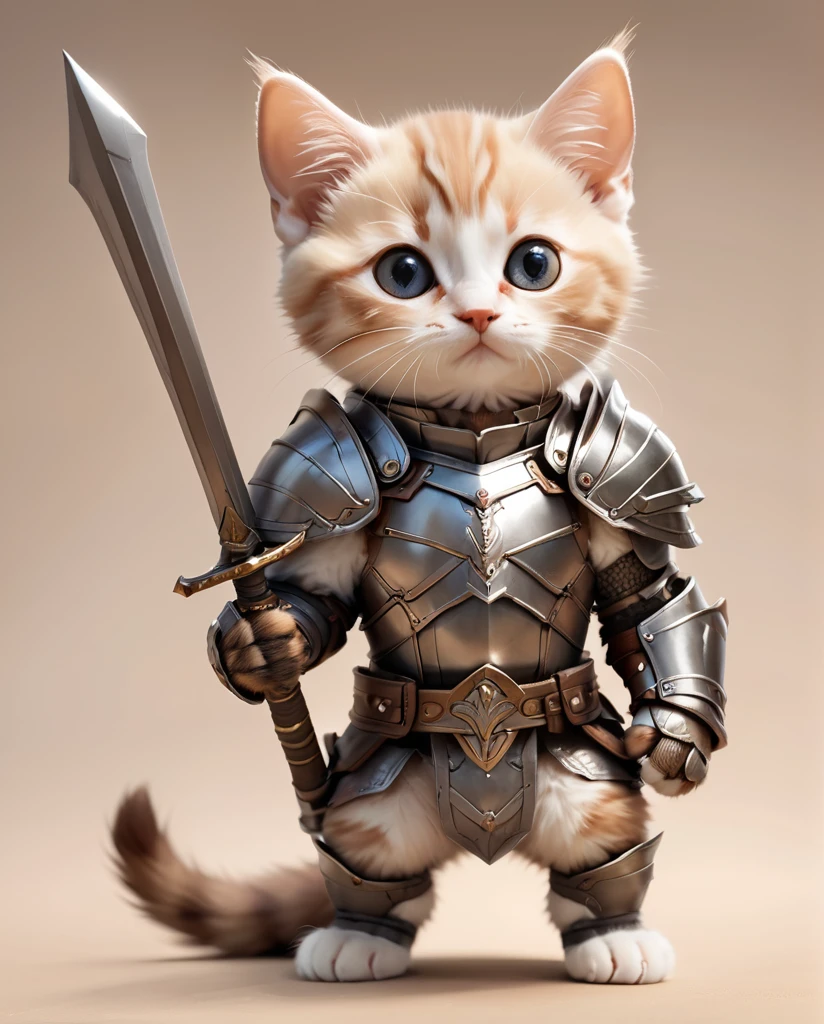 High-detail images Munchkin kitten Warrior Wearing armor Full Body Shot Looking straight at me