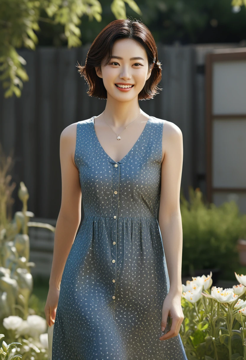 1 woman, (Wearing a sleeveless high-quality brand dress with good texture:1.6),(raw photo, best quality), (realistic, photo-realistic:1.4), masterpiece, Very delicate and beautiful Korean woman, very detailed, 2k wallpaper, amazing, in detail, very detailed CG unity 8k wallpaper, very detailed, mackerel, soft light, Beautiful and detailed 36 year old woman, very detailed eyes and face, beautiful and delicate nose, beautiful detailed eyes,cinematic lighting,(in the garden:1.6),complete anatomy,slim body,(laugh:1.4),(young girl:1.4),(cowboy shot:1.6),(look at the viewer:1.4),(front view:2.0),cinematic angle,Inspired by Son Ye-jin,standing,(split:0.8), Short hair