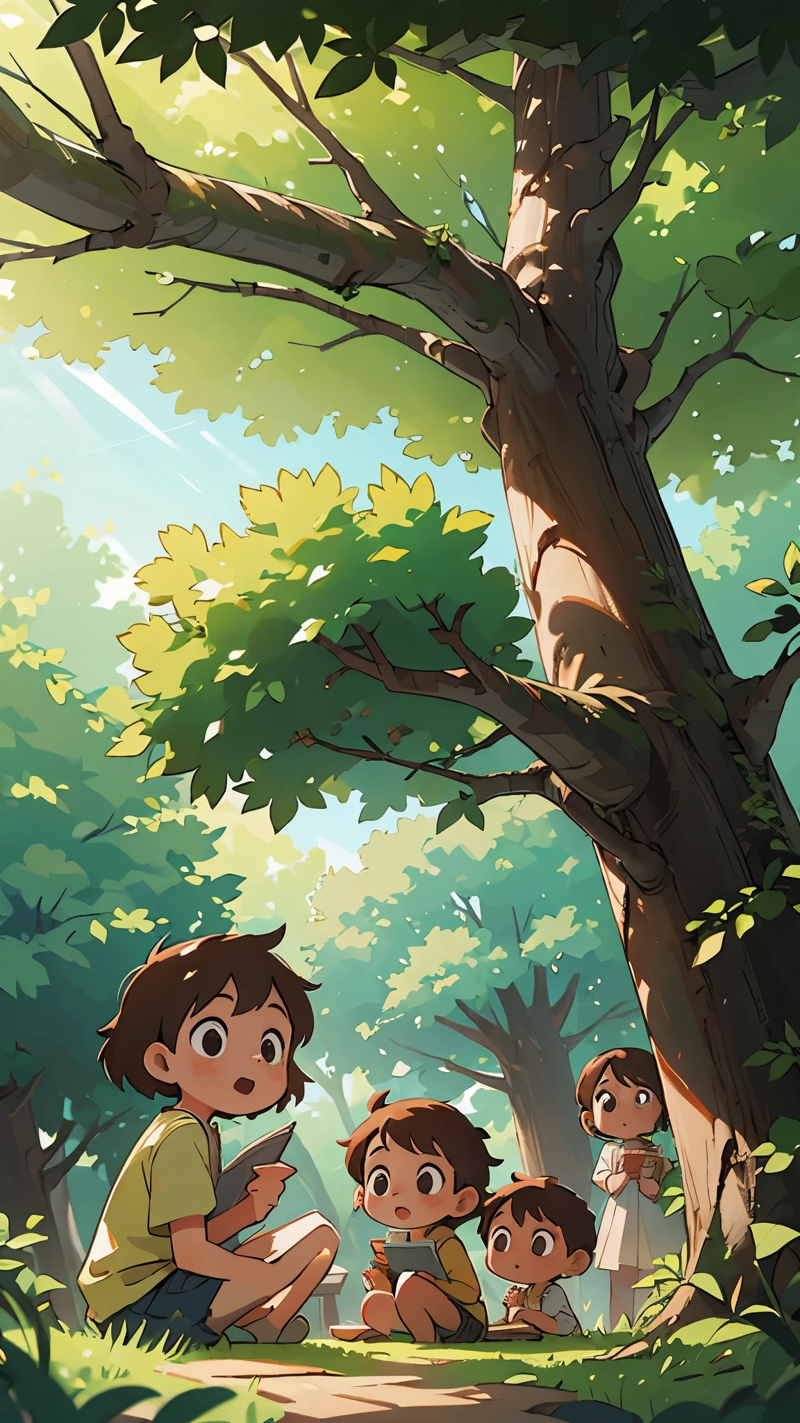 Four children gathered under a large oak tree, sketching plans for a treehouse, sunlight filtering through the leaves