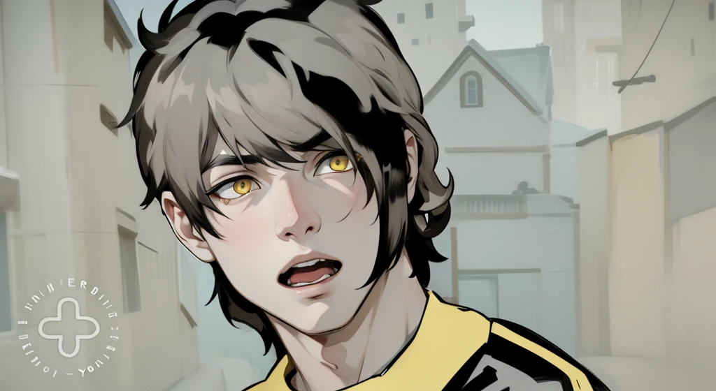 He speaks with his mouth open He is yawning 17 year old boy Black hair and yellow eyes He is asking something with some pain, in the background you can see a house in a town