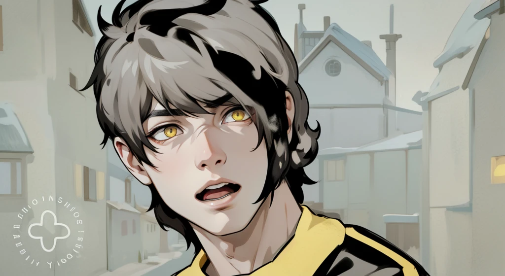 He speaks with his mouth open He is yawning  boy Black hair and yellow eyes He is asking something with some pain, in the background you can see a house in a town