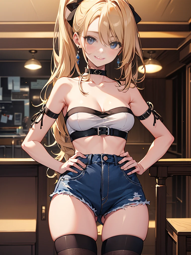 (highest quality, High resolution, perfect pixel, Depth of bounds written, 4K), upper body, (chair), (looking down), (detailed eyes), (1 lady), tall, (skinny body:1.2), (thin thighs:1.2), (Narrow hips:1.2), (black tube tops:1.4), bellybutton, sleeveless, middle breasts, (blond hair), (ponytail:1.2), (standing:1.2), (denim skirt:1.2), (panty strap), (right hand on hips:1.2), (left hand behind head), contrapposto, (seductive smile),