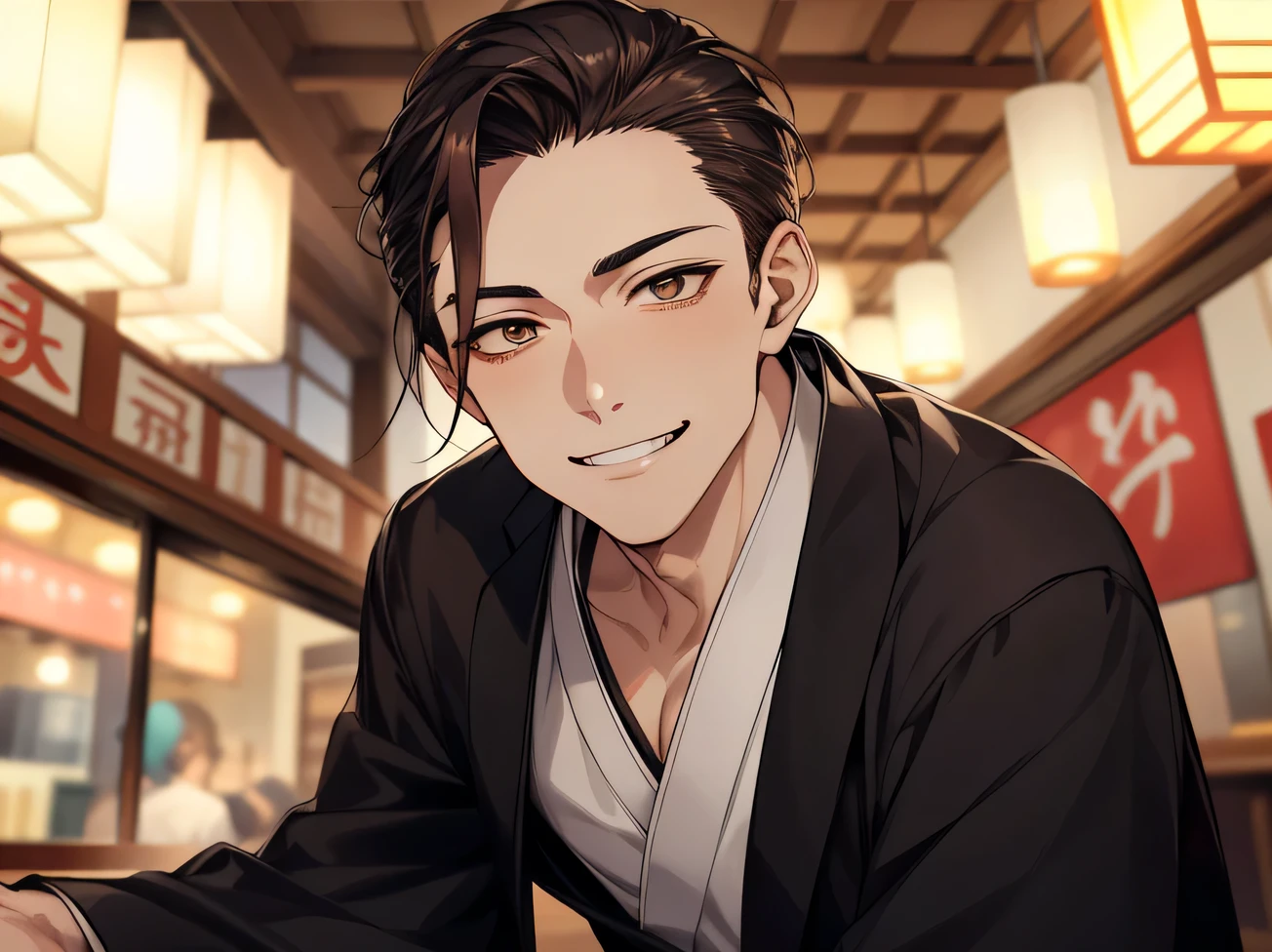 hair slicked back,masterpiece,Dynamic Angle,Face close-up,Angle from below,male, (29-year-old),(male1 person)、Izakaya shop owner,alone,Adult,A gentle smile,Excited,Brown Hair,(Droopy eyes), Eyes,Black suit,(kimono),,smile,Izakaya,night
