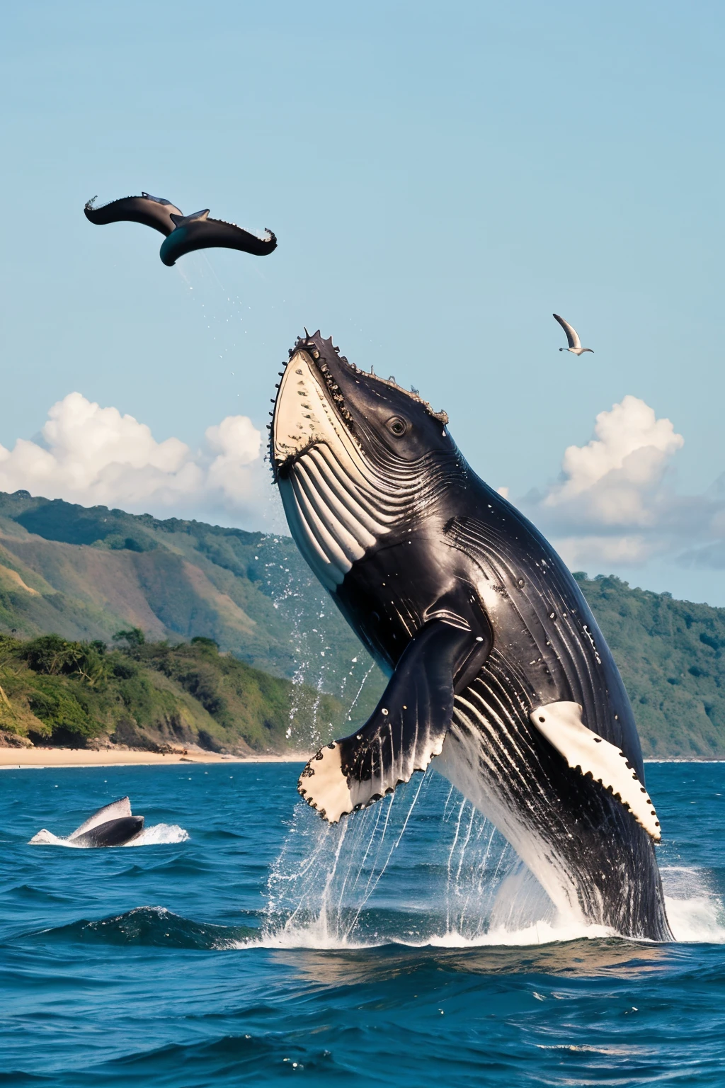 ((Best Quality)), ((Masterpiece)), (detailed), Humpback whales jumping out of the sea showing their love, with the sun in the evening, and small tourist boats taking photos of them admiring their beauty, on the beach of Ayangue commune, canton Santa Elena country Ecuador. 

