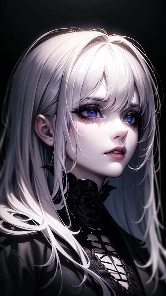realistic1girl,beautiful detailed eyes,beautiful detailed lips,extremely detailed eyes and face,longeyelashes,pale skin,unkempt hair,messy hair,sharp teeth,fangs,horror,dark,moody,dramatic lighting,chiaroscuro,high contrast,cinematic,HDR,8k,high quality,masterpiece,digital painting