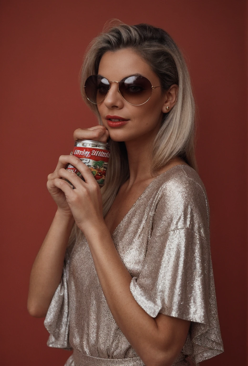 A striking photograph features an elegant older woman with long, flowing gray hair, she wears futuristic, reflective sunglasses and bold red lipstick, dressed in a vibrant red outfit that blends seamlessly with the intense red background, she holds a hot dog adorned with ketchup and mustard, presenting it confidently to the camera, the overall aesthetic is bold and vivid, emphasizing strong contrasts and a sense of sophistication mixed with casualness, the lighting is bright and even, highlighting the details in her hair and the texture of the hot dog, camera settings include an 85mm f/1.4 lens, aperture set at f/2.8 for a shallow depth of field, shutter speed at 1/125 seconds to capture sharp details, ISO set at 100 for minimal noise and maximum color accuracy, lighting involves a softbox on the right side for even, soft light distribution, the background is a solid red backdrop to create a seamless look, post-processing includes enhanced contrast and saturation to emphasize the bold colors and details.