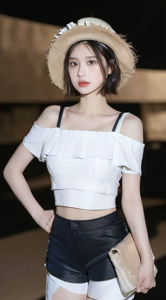 ((best quality, 8K, Masterpiece: 1.3)), (flower hat: 1.3), Point of interest: 1.2, perfect body beauty: 1.4, bottom: 1.2, (Layered haircut: 1.2)), (dark road: 1.3), Highly detailed facial and skin textures, full body, delicate eyes, Double eyelids, Whiter skin, long hair, (round face: 1.5), (Loose crop top, shorts: 1.6)