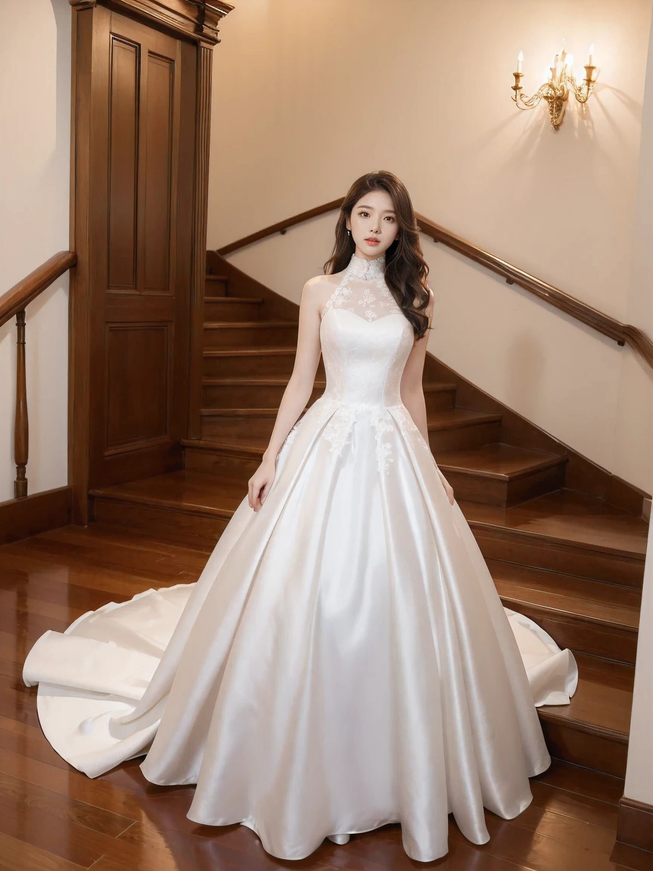 (8K,tmasterpiece,RAW photos,best qualtiy,the detail:1.2),Korean female model，Height 175 cm，perfect bodies，Long legs，wavy and long hair，Standing on wooden stairs in wedding dress, emaciated wedding dress, sexy gown, long wedding dress, full - length view, fantasy long intricate gown, white turtleneck lace dress, an elegant woman in white wedding dress, full lenght shot, sophisticated dress，((Pantyhose)),Ray tracing，Full body portrait