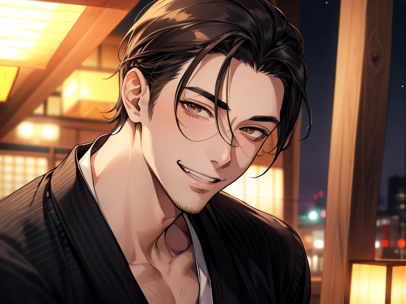 hair slicked back,masterpiece,Dynamic Angle,Face close-up,Angle from below,male, (29-year-old),(male1 person)、Izakaya shop owner,alone,Adult,A gentle smile,Excited,Brown Hair,(Droopy eyes),Lewd Eyes,Black suit,(kimono),,smile,Izakaya,night
