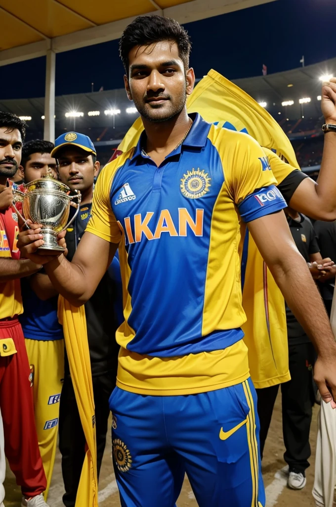 create a realistic image where a 20 Years old IPL fan Young Boy Wearing CSK Team's Jersey With Name “Umair” is written on it, boy standing with dhoni and 11 player with yellow jersey and dhoni take a ipl trophy, The boy is holding a iphone 15 pro max mobile and taking a selfie with him, indian Flags are Flying in the Back of them And Have Many cricket Supporters there, 3D art painting Realistic photo.