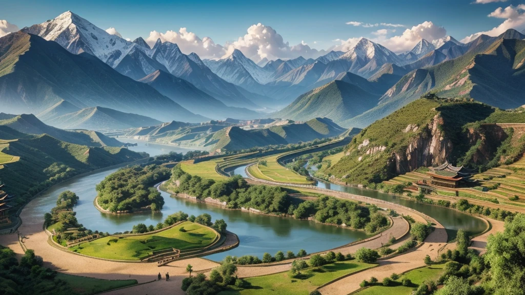 Photo-realistic scene of ancient China with a vast, fertile landscape. Show mighty rivers, mountains, and a grand palace in the background. Emperors and commoners are seen in traditional attire, symbolizing the civilization that would shape the world for millennia