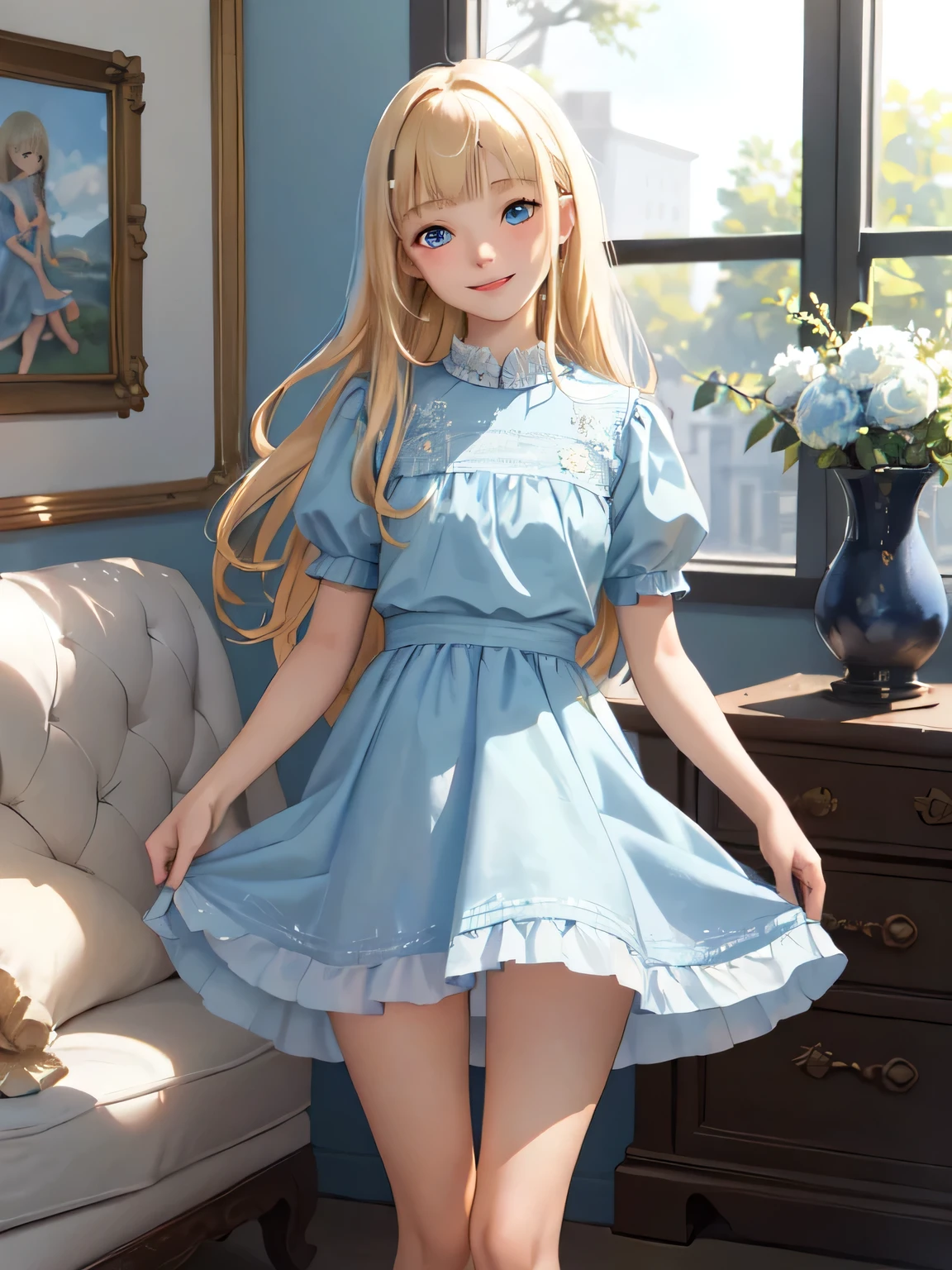 1 Female, alone, Young girl, s old, Straight Blonde Hair, Blunt bangs, blue eyes, (smile), (masterpiece, Highest quality:1.2) Delicate illustrations, Super detailed, Medium chest, ((From the knee up)) (Light blue dress, super mini skirt), Panties are visible,living room