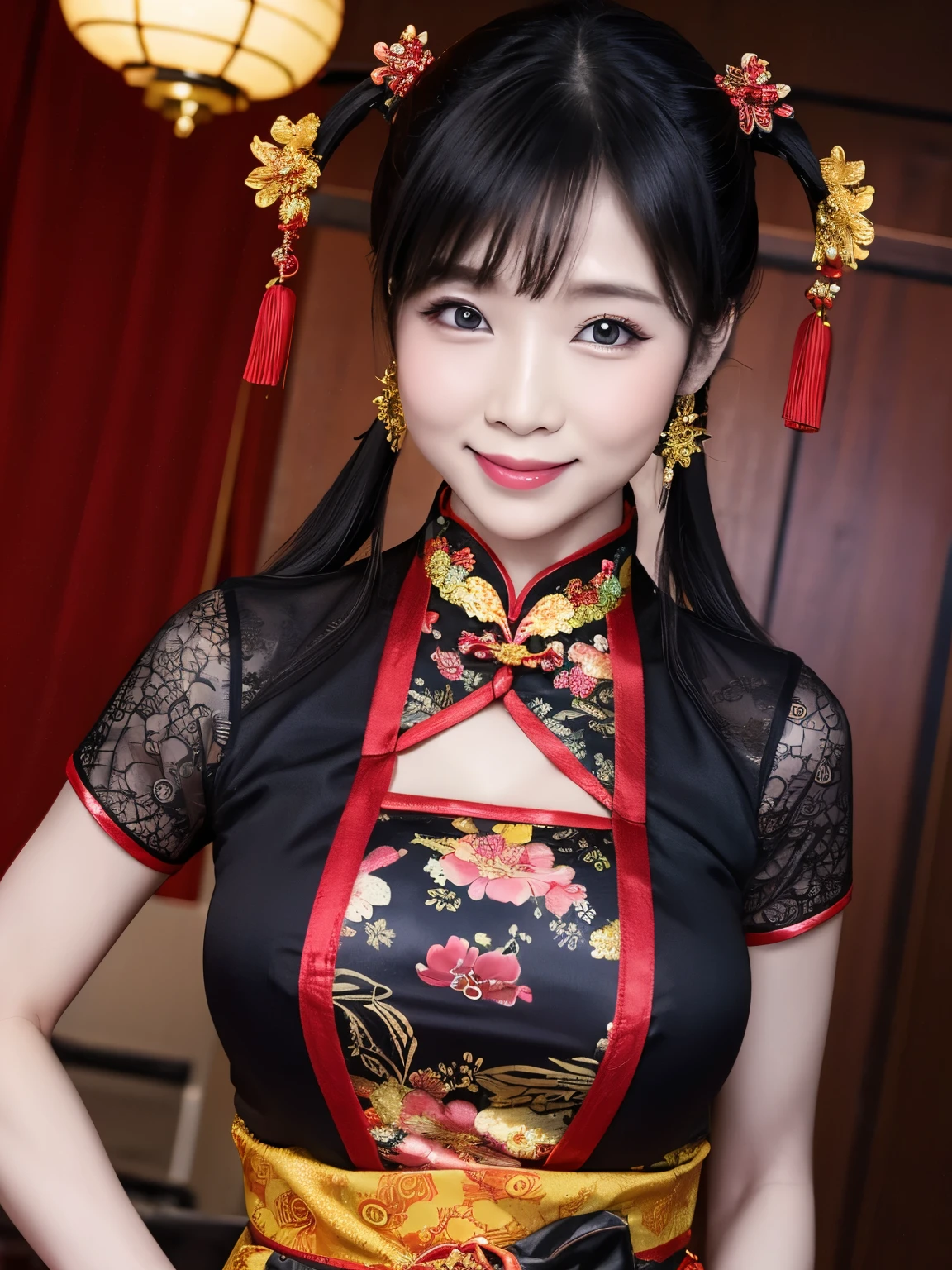 Eyes are very fragile，Twin Tails Cheongsam，Chinese New Year decorations（（Smile artwork）））， （（best quality））， （（Intricate details））， （（Surreal））（8K）