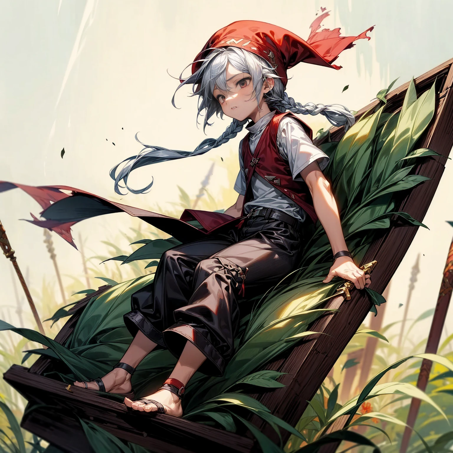 1little boy, Full body version, 1character, black eyes color, milk skin, long hairstyle, monolod eyes type, silver colour hair, muscle, Assassin clothing style, red color clothing, black pants, white scraf, Ancient roman boots, vest armors, dagger knife in hand, Grassroots background in field villager, motion blur, battle gesture, lighting morning, sunlight, smoke, plasma, bloody background, fire, lighting knife 