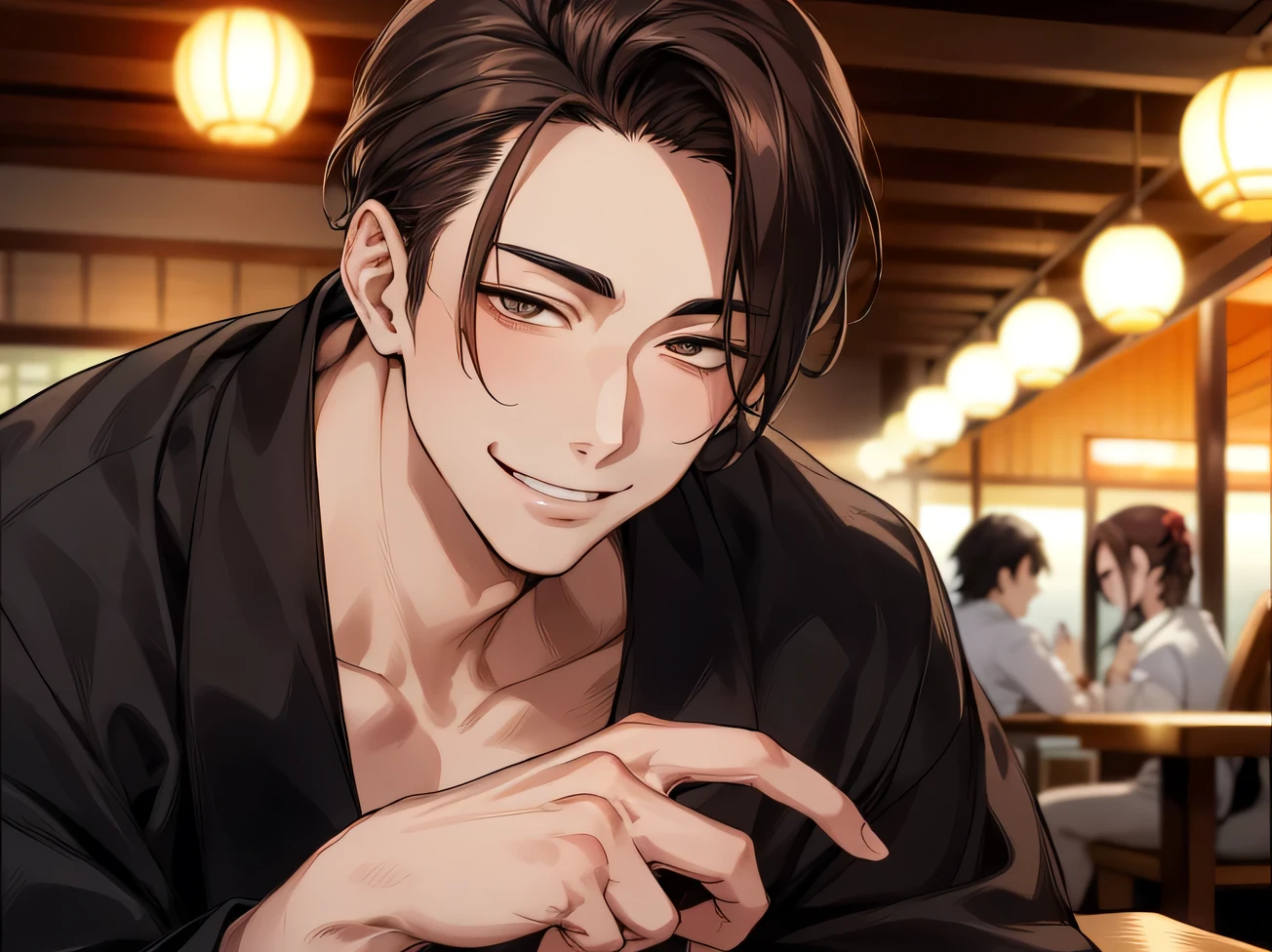hair slicked back,masterpiece,Dynamic Angle,Face close-up,Angle from below,male, (29-year-old),(male1 person)、Izakaya shop owner,alone,Adult,A gentle smile,Excited,Brown Hair,(Droopy eyes),Lewd Eyes,Black suit,(kimono),,smile,Izakaya,night