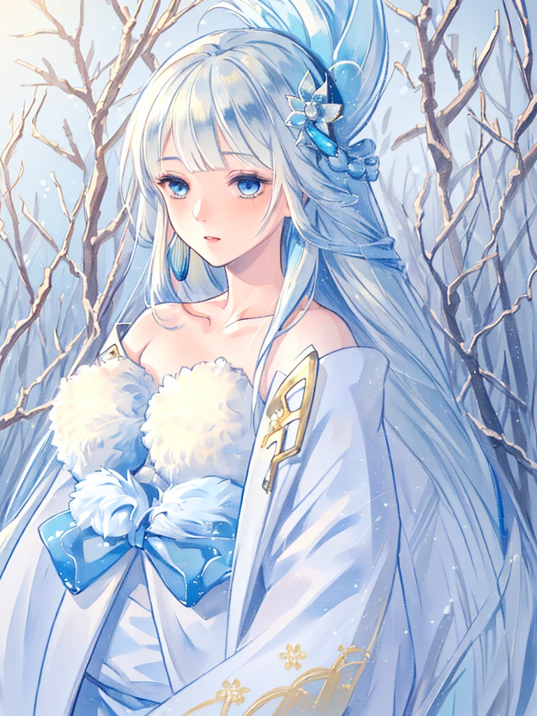 (masterpiece, top quality, best quality, official art, beautiful and aesthetic:1.2),highest detailed , 8k photo quality,((ultra-detailed)), (highly detailed CG illustration), ((an extremely delicate and beautiful)) , Yuki Onna, 1girl, japanese kimono, bare shoulder, light blue hair, extremely long hair, blue eyes, hair ornament, blue ribbon, blue earring, medium chest