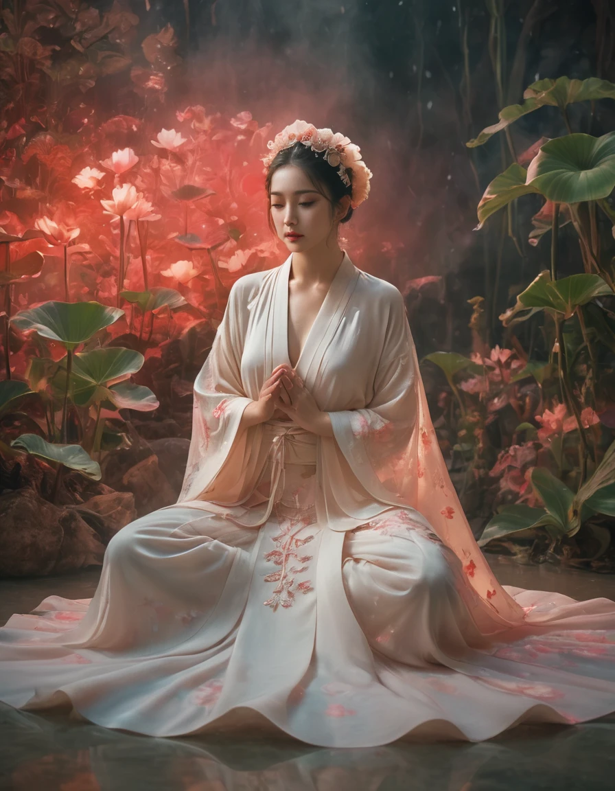 Full-body photo of a courtesan in lotus position,Praying with palms together、Anatomically correct,born, Cinematic shots, (Sharp focus:1.5), (Realistic:1.4), dusk lighting, (Look this way)、(Front facing)、Volumetric lighting, Ultra-high resolution, 16K,Dramatic lighting, Abstract background:1.5)(Tangleた,Datura stramonium,Holding a heart light in your hand、Tangle,Intertwined:0.7)witch,Red kimono, Foxfire spells, conversion, Depth of written boundary, A fantastic atmosphere, The most beautiful form of chaos, Elegance, Fauvist Design Dark Theme, flowers of death, flowers of ecstasy,Glowing Lines,Glow Example,Tracking example,flash, Backlight,translucent,Particles of light,hill,exit