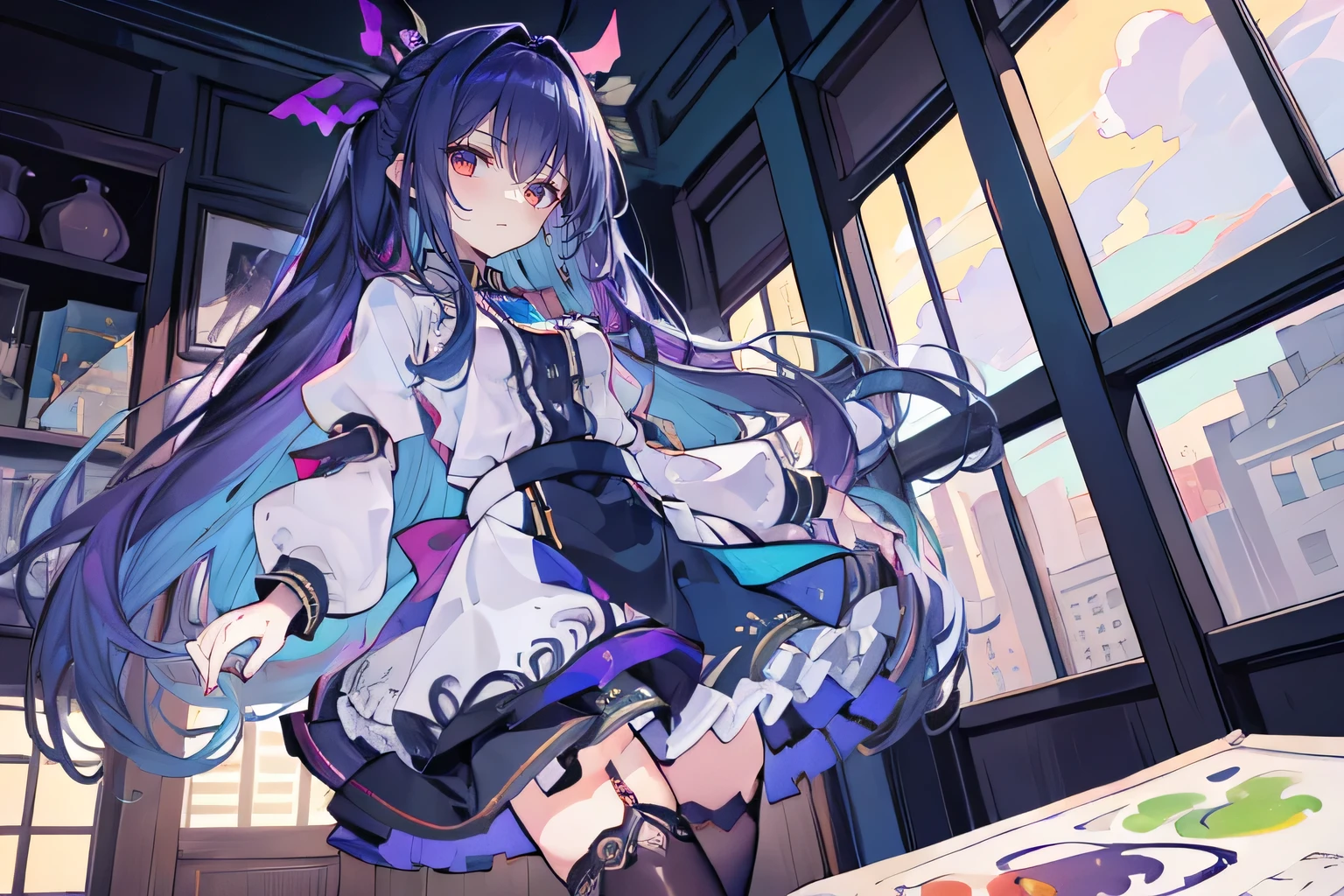 (best quality:1.3), (masterpiece:1.3), (illustration:1.3), (ultra-detailed:1.3), (imid shot:0.9), 1girl, medium , purple eyes, (((dark blue hair))), hair ornaments, young, outfit-gladiia, long hair, dark blue hair, indoors, black shorts, thigh-highs, low ponytail, expressionless, upper body, close up, coat, skirt,